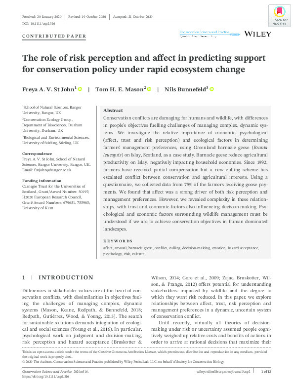 The role of risk perception and affect in predicting support for conservation policy under rapid ecosystem change Thumbnail