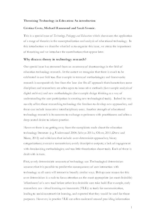 Theorising technology in education: an introduction Thumbnail