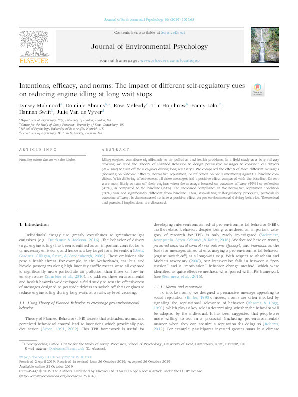 Intentions, efficacy, and norms: The impact of different self-regulatory cues on reducing engine idling at long wait stops Thumbnail