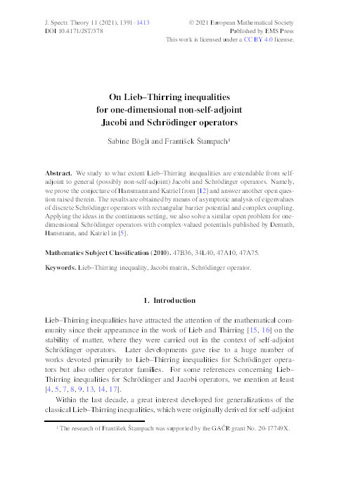 On Lieb-Thirring inequalities for one-dimensional non-self-adjoint Jacobi and Schrödinger operators Thumbnail