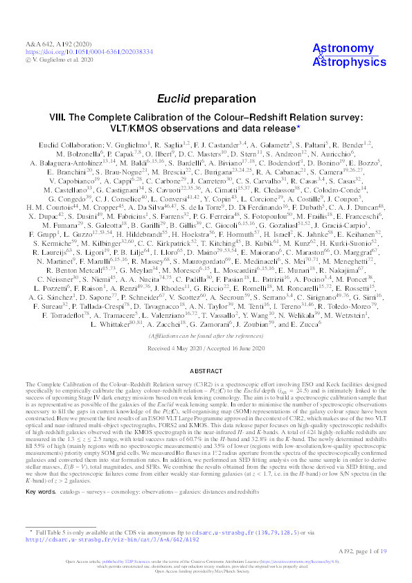 Euclid preparation: VIII. The Complete Calibration of the Colour–Redshift Relation survey: VLT/KMOS observations and data release Thumbnail