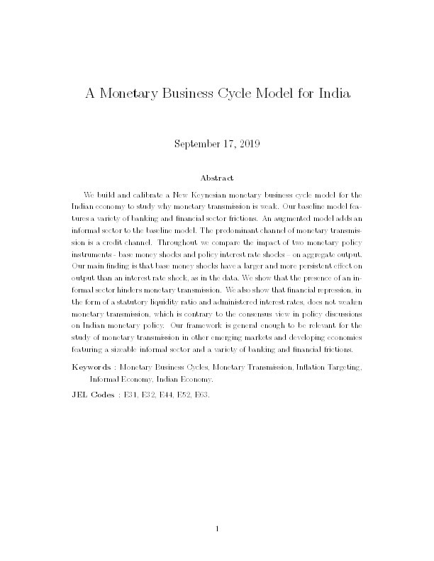 A Monetary Business Cycle Model for India Thumbnail