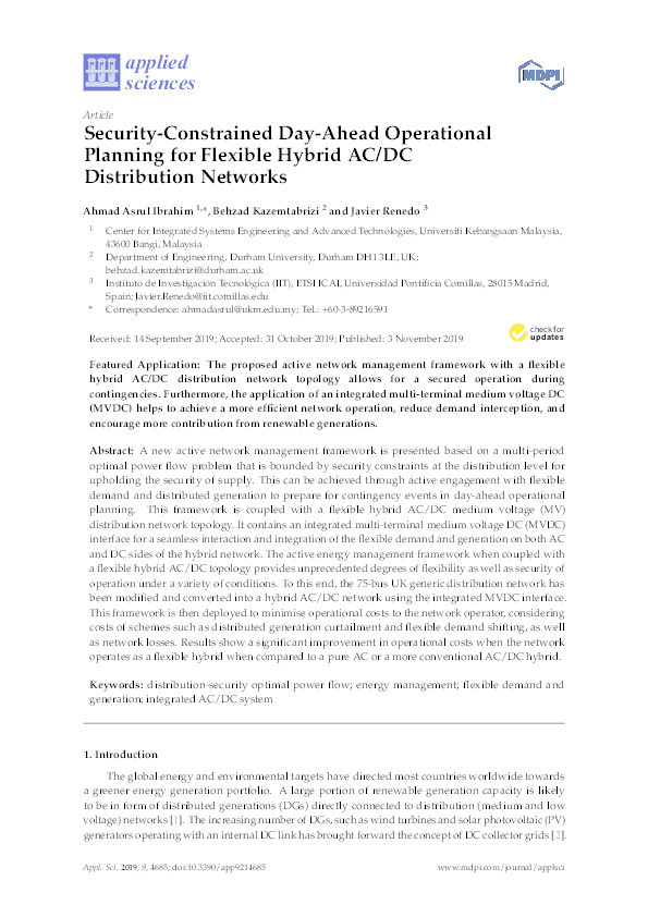Security-constrained day-ahead operational planning for flexible hybrid AC/DC distribution networks Thumbnail