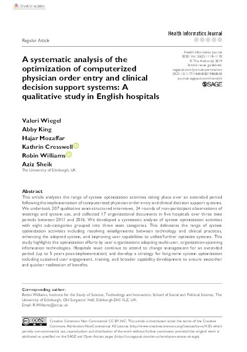 A systematic analysis of the optimization of computerized physician order entry and clinical decision support systems: A qualitative study in English hospitals Thumbnail