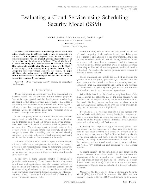 Evaluating a Cloud Service using Scheduling Security Model (SSM) Thumbnail