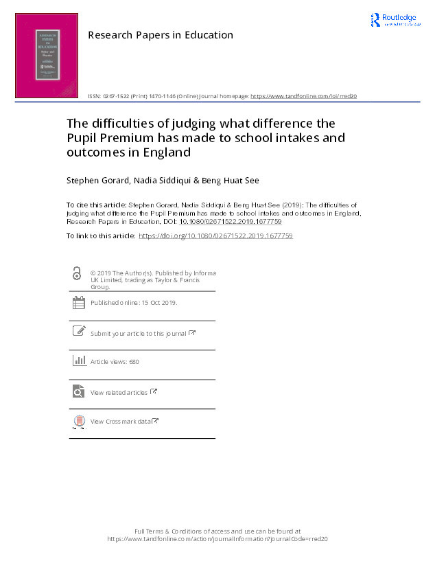 The difficulties of judging what difference the Pupil Premium has made to school intakes and outcomes in England Thumbnail