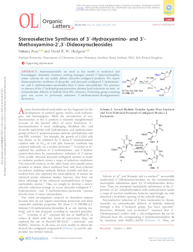 Stereoselective Syntheses of 3’-Hydroxyamino- and 3’-Methoxyamino-2’,3’-Dideoxynucleosides Thumbnail