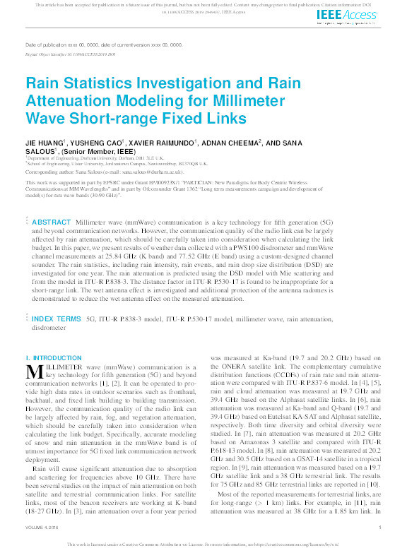 Rain Statistics Investigation and Rain Attenuation Modeling for Millimeter Wave Short-range Fixed Links Thumbnail