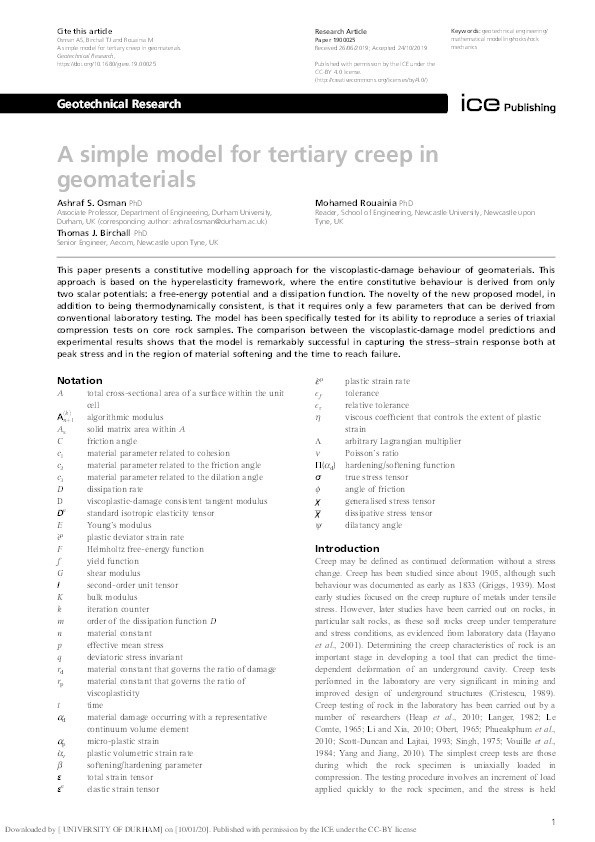 A simple model for tertiary creep in geomaterials Thumbnail