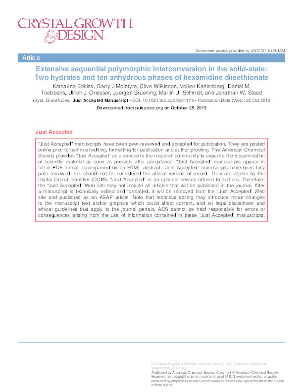 Extensive sequential polymorphic interconversion in the solid-state: Two hydrates and ten anhydrous phases of hexamidine diisethionate Thumbnail