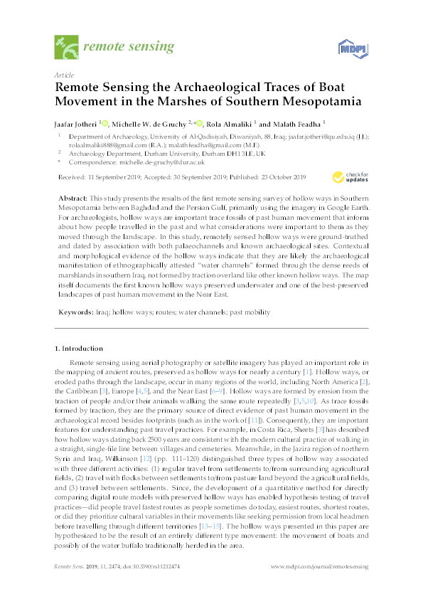 Remote Sensing the Archaeological Traces of Boat Movement in the Marshes of Southern Mesopotamia Thumbnail