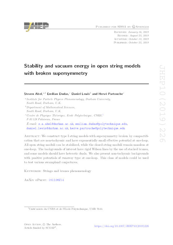 Stability and Vacuum Energy in Open String Models with Broken Supersymmetry Thumbnail
