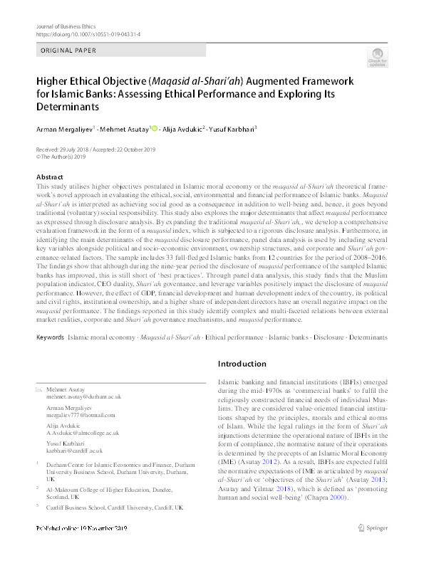 Higher Ethical Objective (Maqasid al-Shari'ah) Augmented Framework for Islamic Banks: Assessing the Ethical Performance and Exploring its Determinants Thumbnail