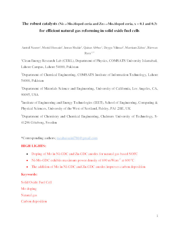 The robust catalysts (Ni1−–Mo /doped ceria and Zn1−–Mo /doped ceria, x = 0.1 and 0.3) for efficient natural gas reforming in solid oxide fuel cells Thumbnail