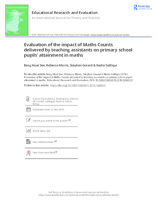 Evaluation of the impact of Maths Counts delivered by teaching assistants on primary school pupils' attainment in maths Thumbnail