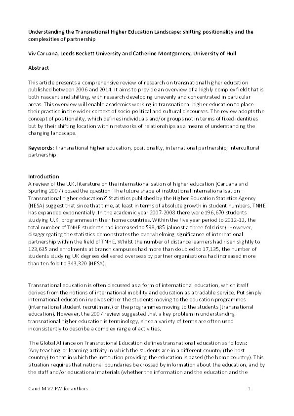 Understanding the Transnational Higher Education Landscape: shifting positionality and the complexities of partnership Thumbnail