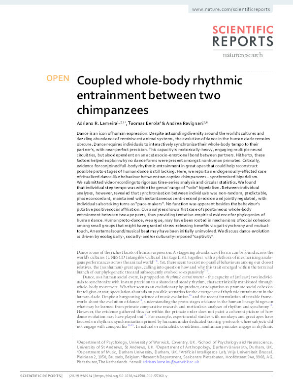 Coupled whole-body rhythmic entrainment between two chimpanzees Thumbnail