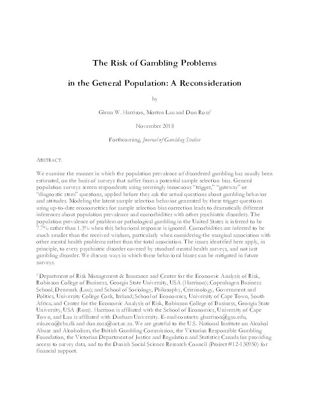 The Risk of Gambling Problems in the General Population: A Reconsideration Thumbnail