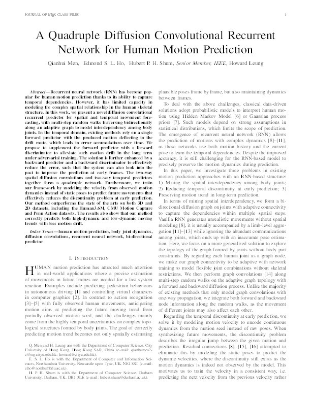 A Quadruple Diffusion Convolutional Recurrent Network for Human Motion Prediction Thumbnail