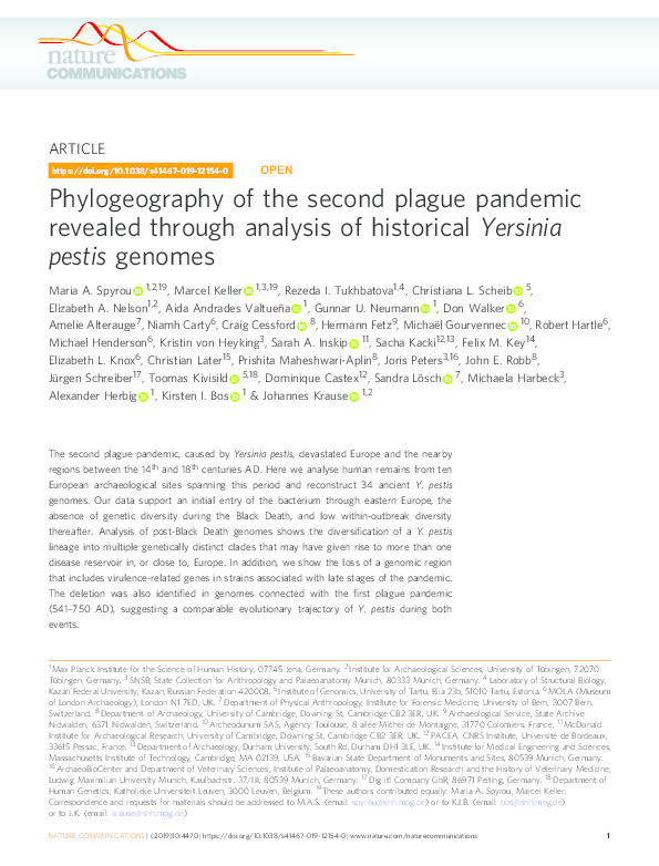 Phylogeography of the second plague pandemic revealed through analysis of historical Yersinia pestis genomes Thumbnail