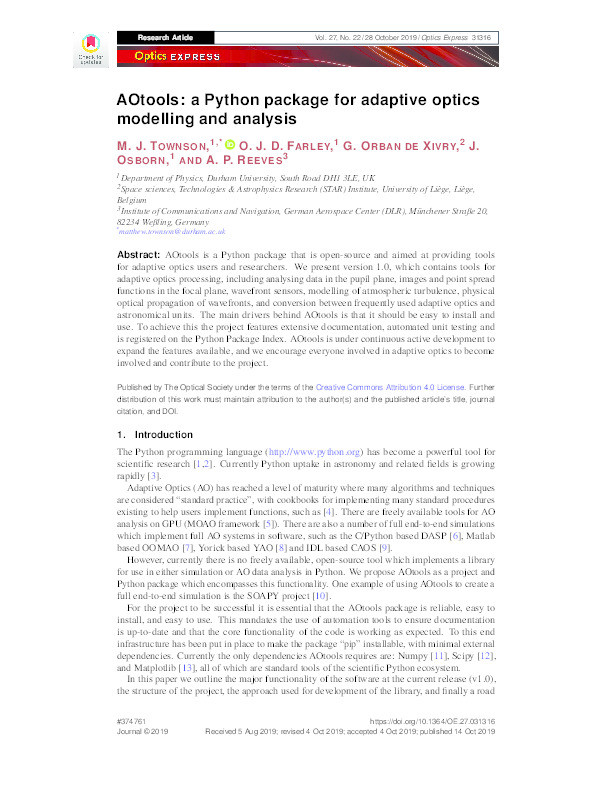 AOtools - a Python package for adaptive optics modelling and analysis Thumbnail