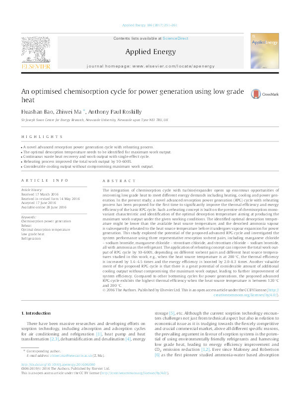 An optimised chemisorption cycle for power generation using low grade heat Thumbnail