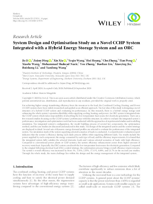 System Design and Optimisation Study on a Novel CCHP System Integrated with a Hybrid Energy Storage System and an ORC Thumbnail