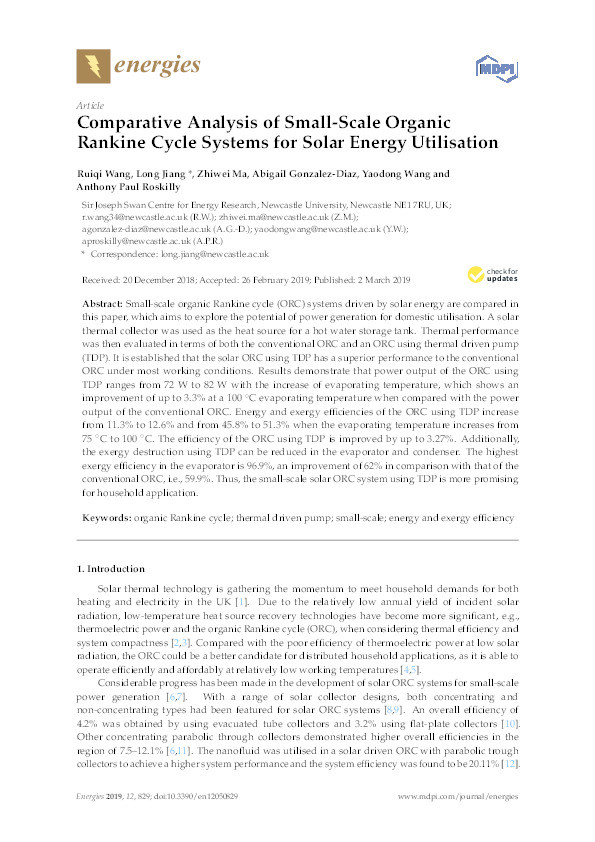 Comparative Analysis of Small-Scale Organic Rankine Cycle Systems for Solar Energy Utilisation Thumbnail