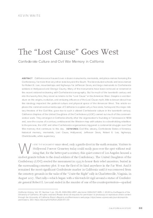 The Lost Cause Goes West: Confederate Culture and Civil War Memory in California Thumbnail