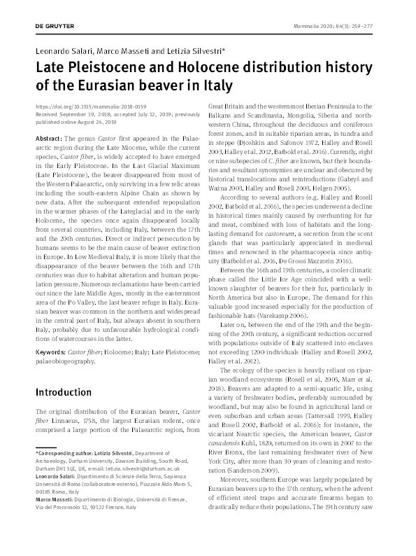 Late Pleistocene and Holocene distribution history of the Eurasian beaver in Italy Thumbnail