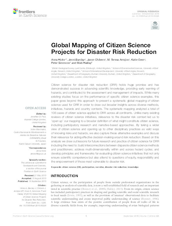 Global Mapping of Citizen Science Projects for Disaster Risk Reduction Thumbnail