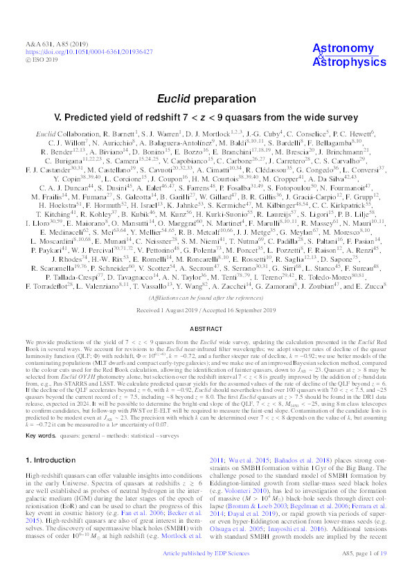 Euclid preparation: V. Predicted yield of redshift 7 < z < 9 quasars from the wide survey Thumbnail