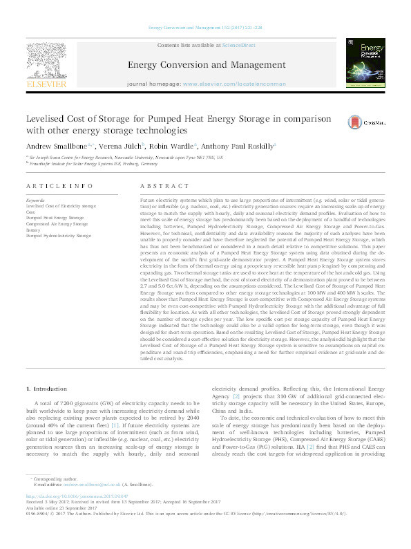 Levelised Cost of Storage for Pumped Heat Energy Storage in comparison with other energy storage technologies Thumbnail