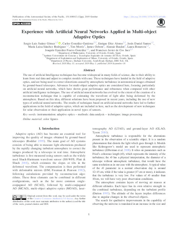 Experience with Artificial Neural Networks Applied in Multi-object Adaptive Optics Thumbnail