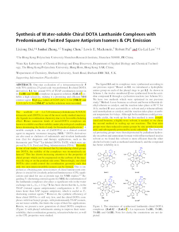Synthesis of water-soluble chiral DOTA lanthanide complexes with predominately twisted square antiprism isomers and circularly polarized luminescence emission Thumbnail