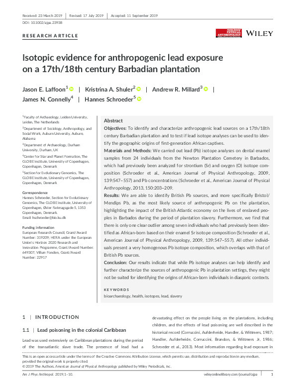 Isotopic evidence for anthropogenic lead exposure on a 17th/18th century Barbadian plantation Thumbnail