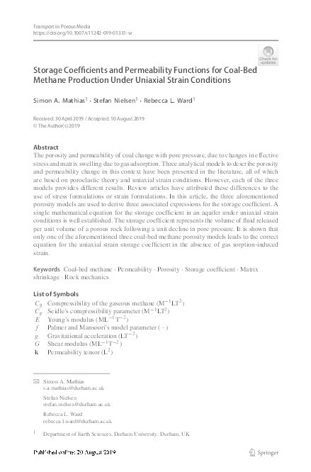 Storage Coefficients and Permeability Functions for Coal-Bed Methane Production Under Uniaxial Strain Conditions Thumbnail