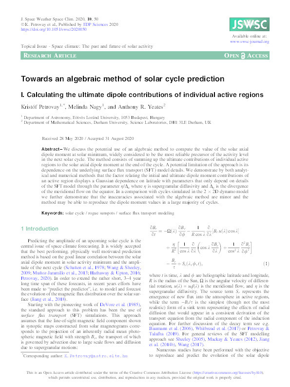 Towards an algebraic method of solar cycle prediction Thumbnail