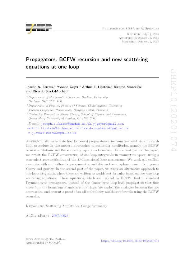 Propagators, BCFW recursion and new scattering equations at one loop Thumbnail