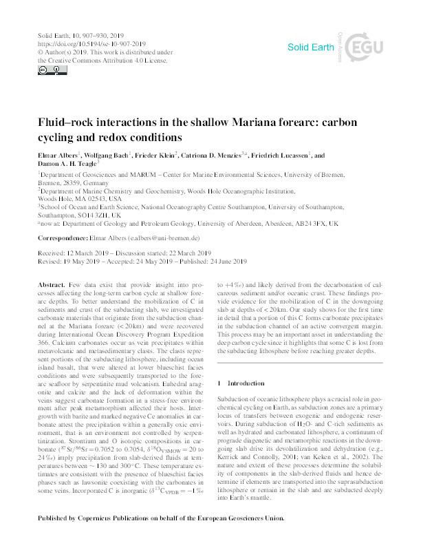 Fluid–rock interactions in the shallow Mariana forearc: carbon cycling and redox conditions Thumbnail