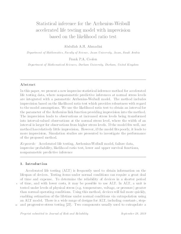 Statistical inference for the Arrhenius-Weibull accelerated life testing model with imprecision based on the likelihood ratio test Thumbnail