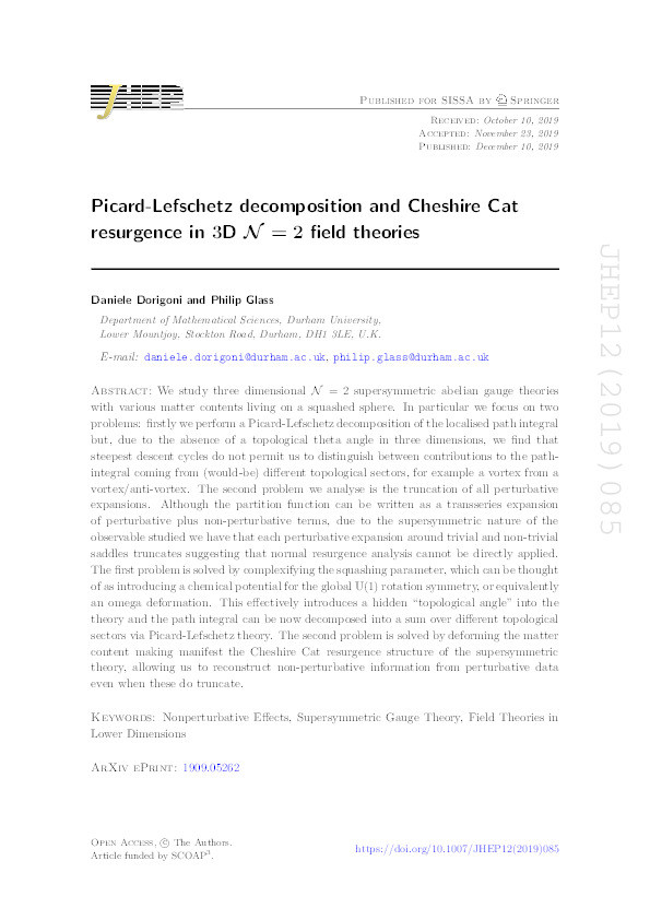 Picard-Lefschetz decomposition and Cheshire Cat resurgence in 3D N=2 field theories Thumbnail