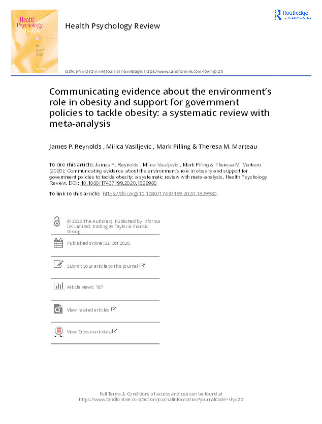 Communicating evidence about the environment's role in obesity and support for government policies to tackle obesity: A systematic review with meta-analysis Thumbnail