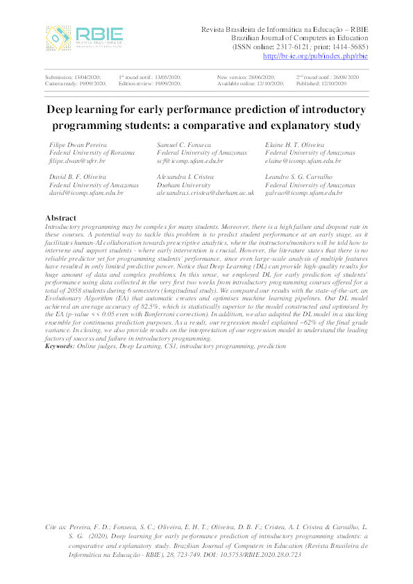 Deep learning for early performance prediction of introductory programming students: a comparative and explanatory study Thumbnail
