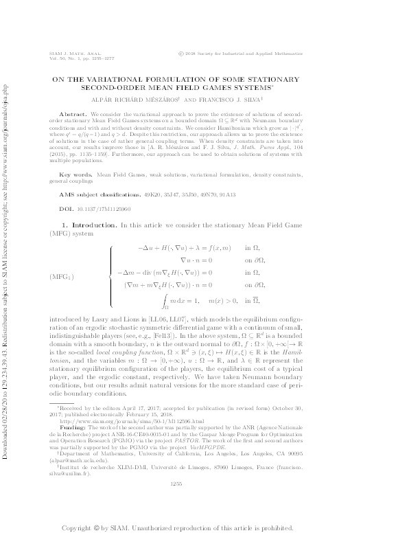 On the Variational Formulation of Some Stationary Second-Order Mean Field Games Systems Thumbnail