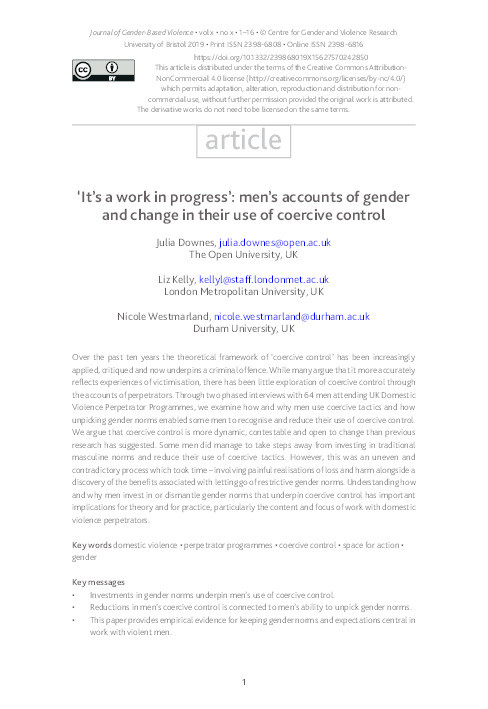 ‘It’s a work in progress’: men’s accounts of gender and change in their use of coercive control Thumbnail