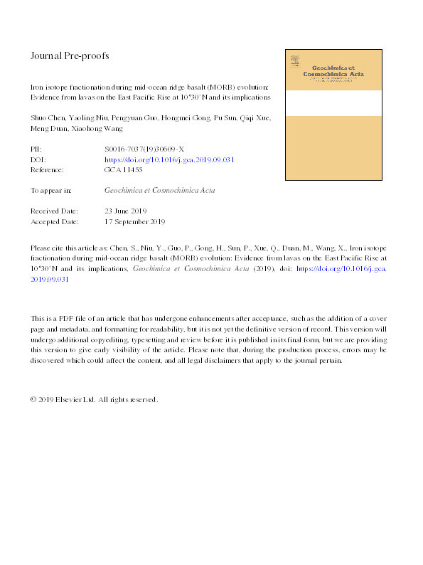 Iron isotope fractionation during mid-ocean ridge basalt (MORB) evolution: Evidence from lavas on the East Pacific Rise at 10°30’N and its implications Thumbnail