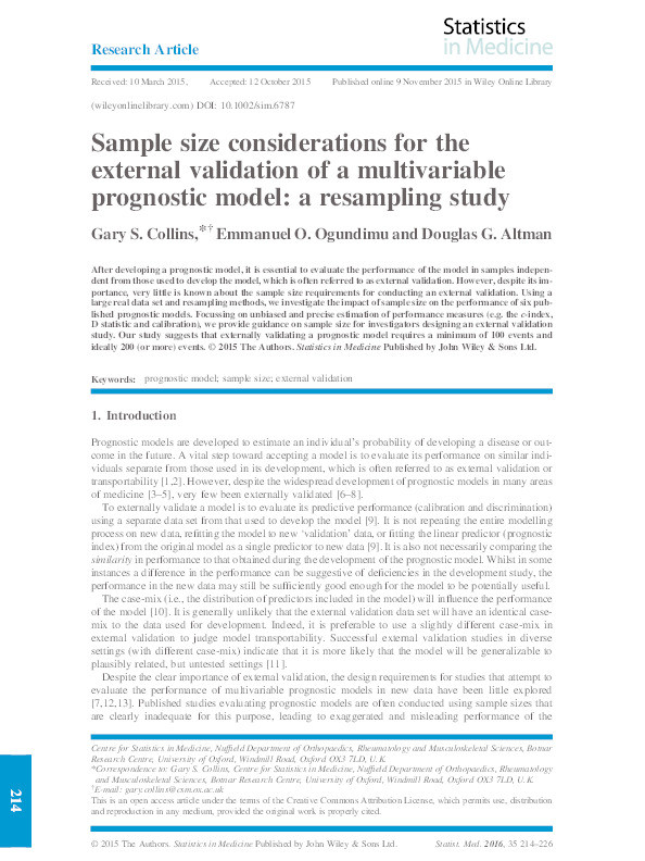 Sample size considerations for the external validation of a multivariable prognostic model: a resampling study Thumbnail