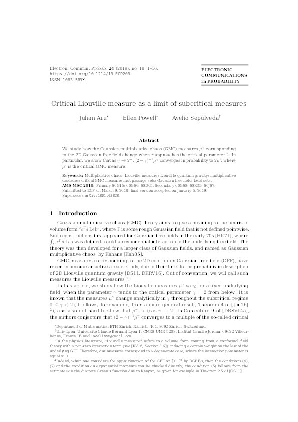 Critical Liouville measure as a limit of subcritical measures Thumbnail