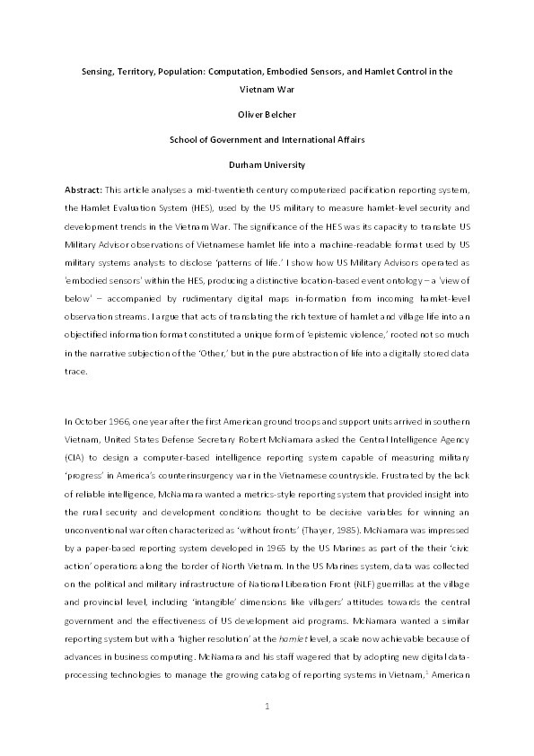 Sensing, territory, population: Computation, embodied sensors, and hamlet control in the Vietnam War Thumbnail